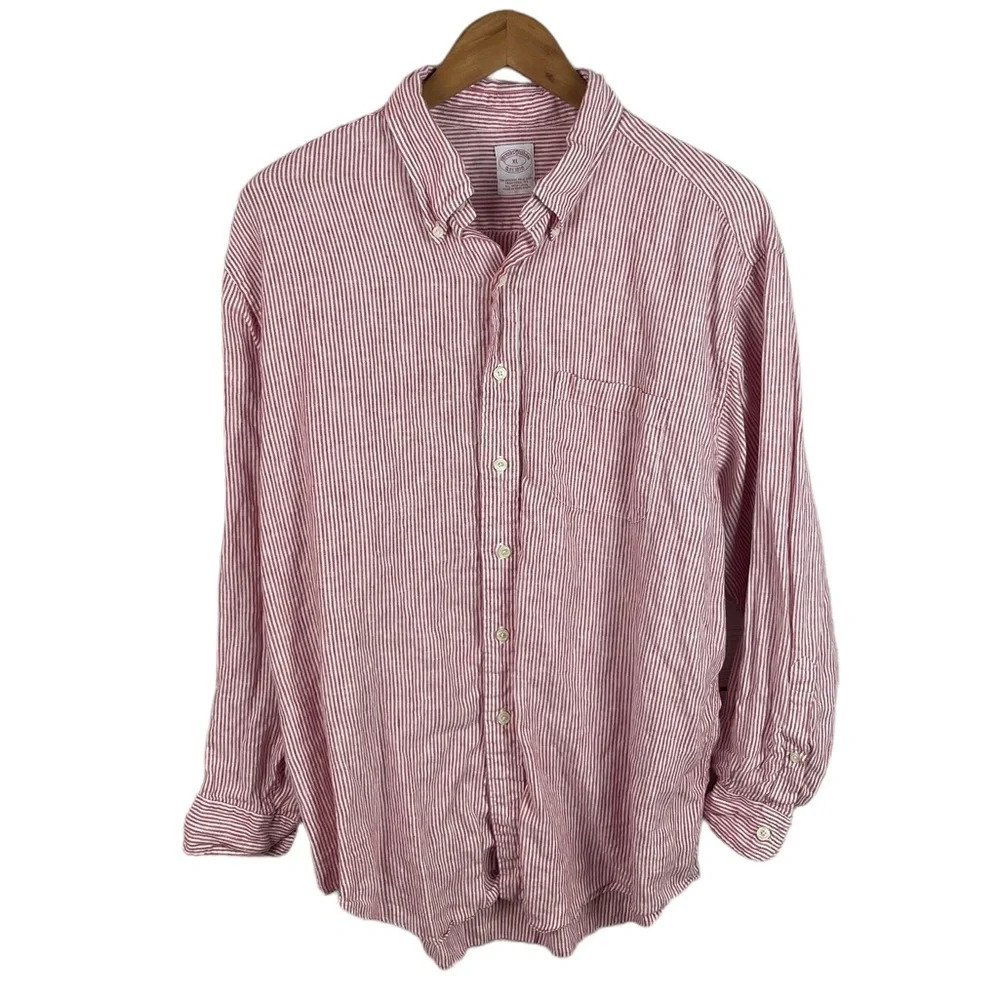 BF1187 Mens Brooks Brothers Traditional Fit Irish Linen Striped Button Shirt XL